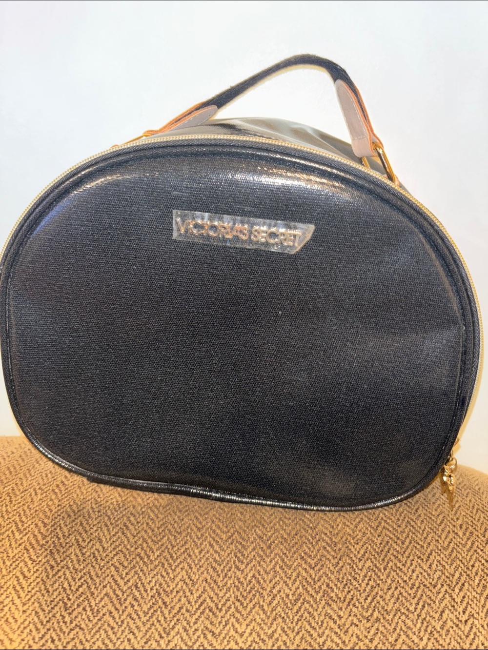 Victoria's Secret Black Cosmetic Case with Tan Handle and Gold Hardware